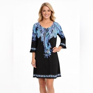 London Times Black Turquoise Paisley 3/4 Sleeve Stretch Shift dress‎ Size 10